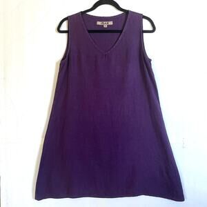 FLAX 100% Linen Sleeveless V-Neck Lagenlook Boho Shift Dress Size P Deep Purple